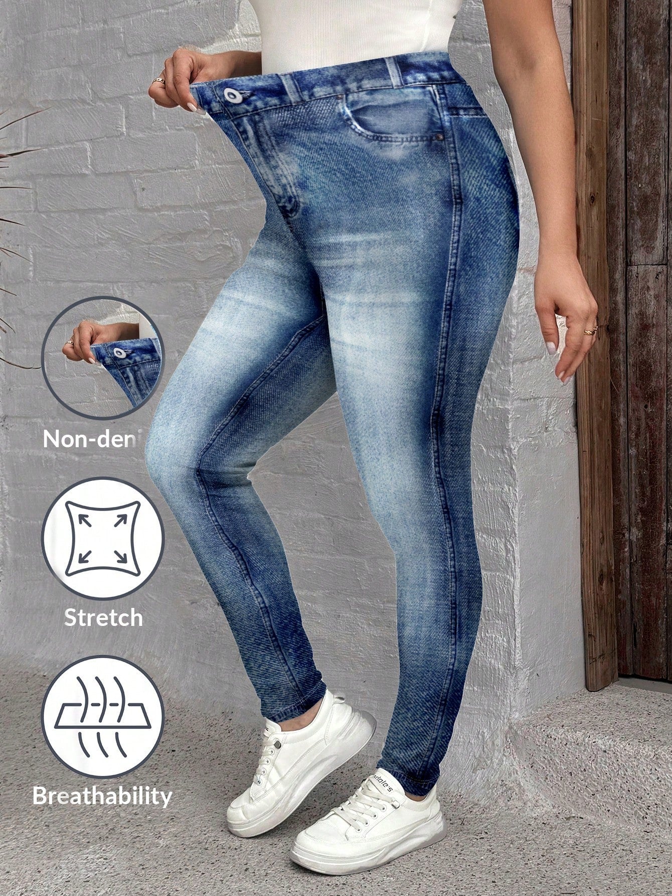 Plus Size Casual Stretchy Skinny Leggings With Faux Denim Print