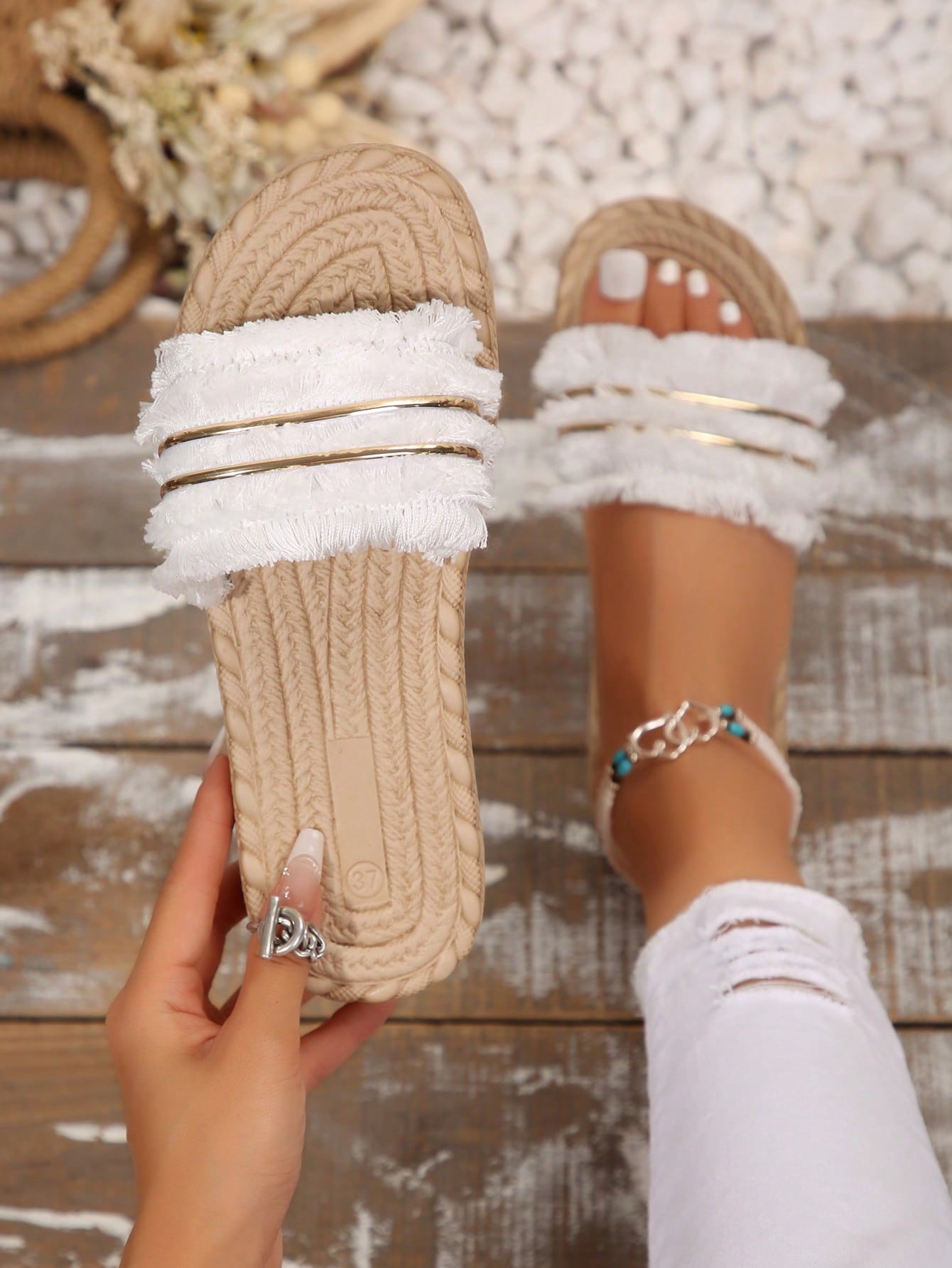 Vacation Slide Sandals For Women, Fringe Trim Single Band Flat Sandals