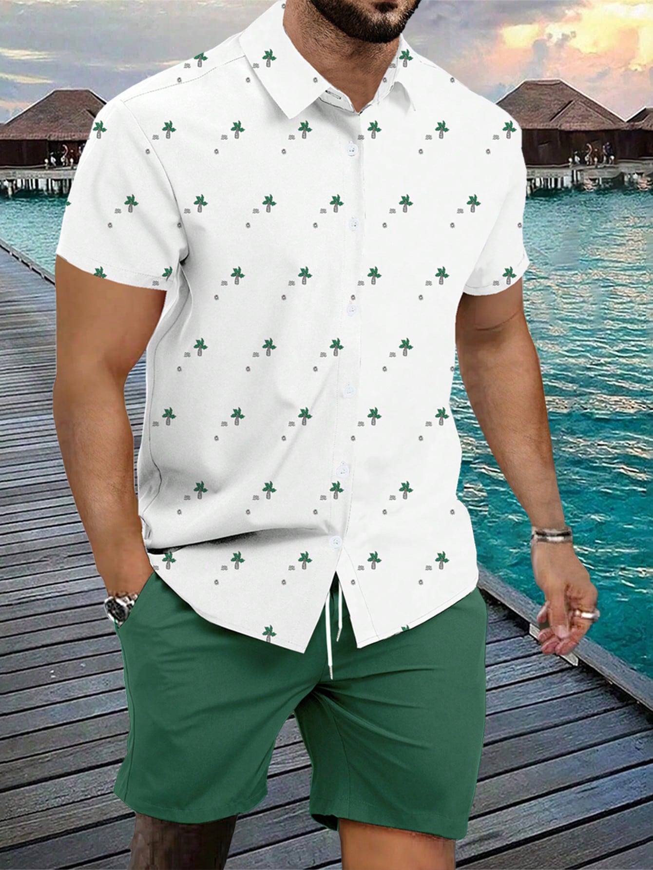 Men Plus Size Summer Coconut Tree Print Shirt & Shorts Set