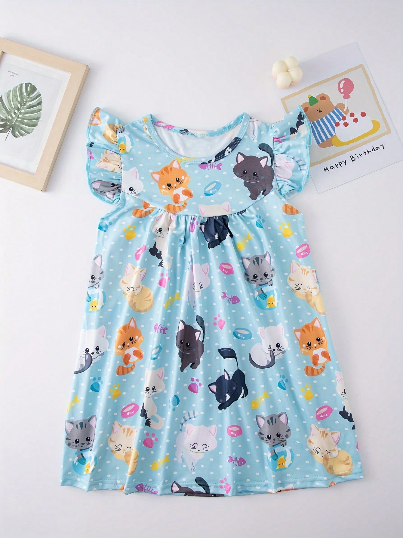 Young Girl Cartoon Fruit Pencil Graphic Flutter Trim Dress Summer Back To School