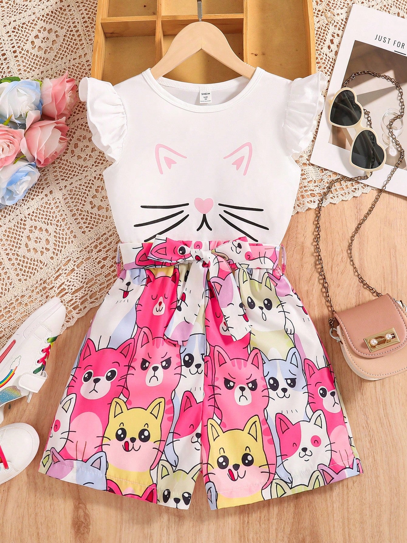 Tween Girl 2pcs/Set Cute Cartoon Cat Print Sleeveless Round Neck Top And All-Over Print Shorts