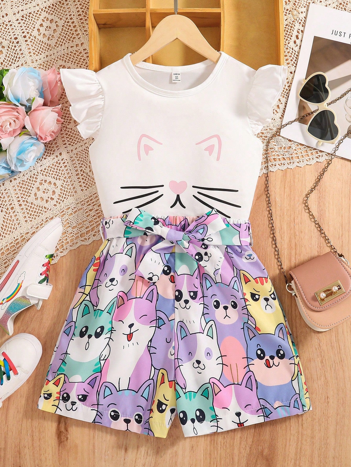 Tween Girl 2pcs/Set Cute Cartoon Cat Print Sleeveless Round Neck Top And All-Over Print Shorts