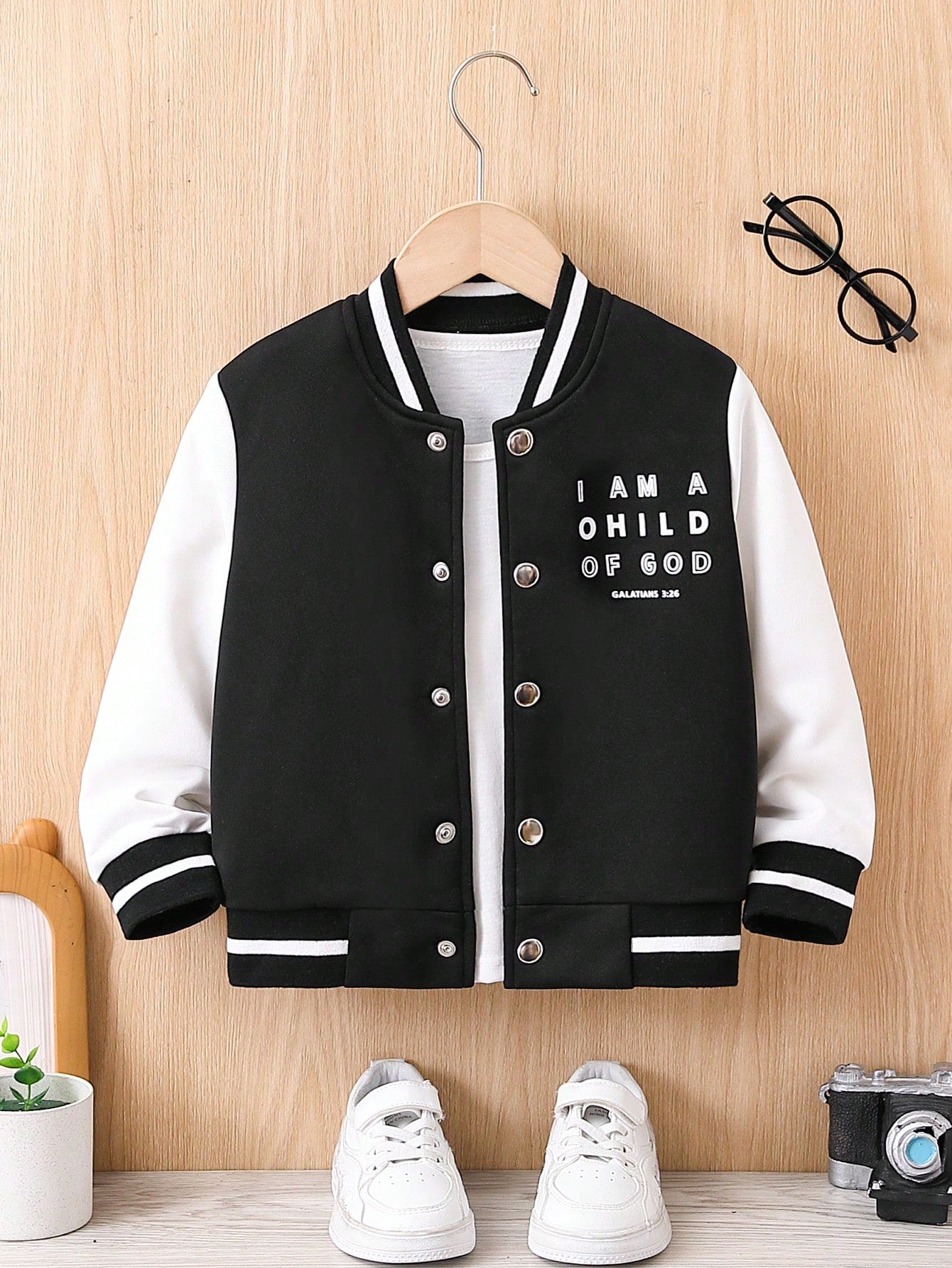 Young Boys Spring And Autumn Casual Contrast Color Stitching Slogan Print Baseball Jacket