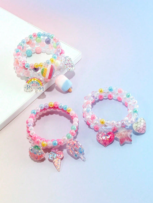 10pcs/Set Girls' Rainbow Heart Charm Beaded Bracelets, Suitable For Birthday Party Favor & Festival Gift, Colors Random