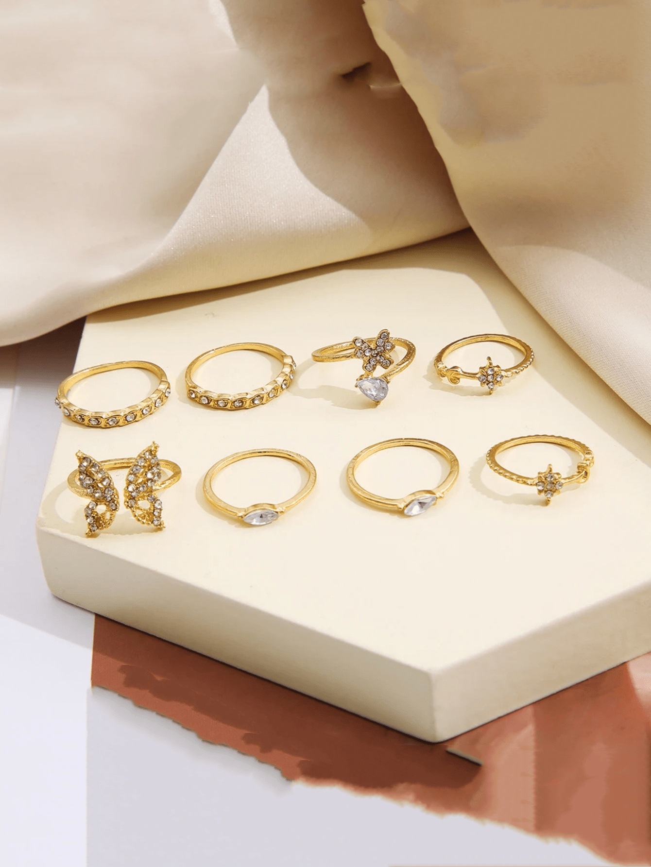 8pcs-17pcs European & American Style Six-Pointed Star And Rhinestone Studded Ring Set, Creative Joint Ring Set 17 Pieces