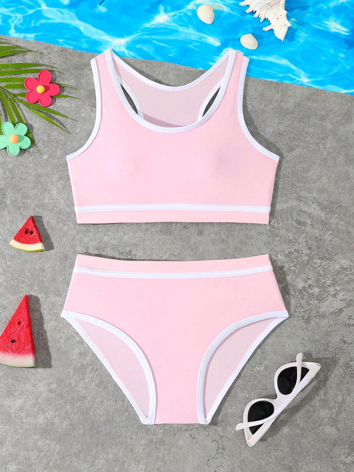 Tween Girl Contrast Trim Swimwear Set With Bikini Set And Swim Shorts Summer Beach