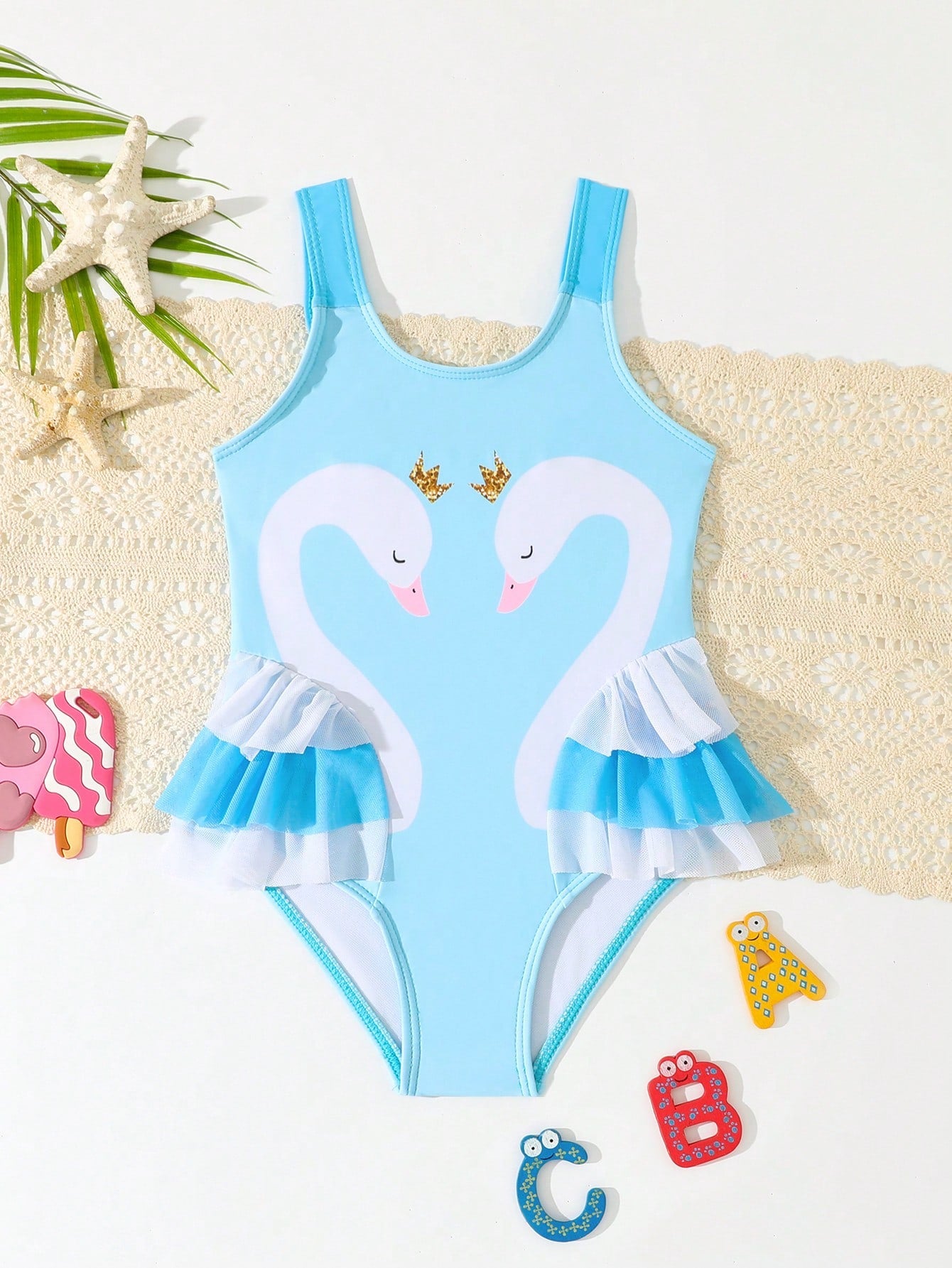 Young Girl Summer Beach Contrast Color Swimsuit With Ruffle Hem And Swan Print