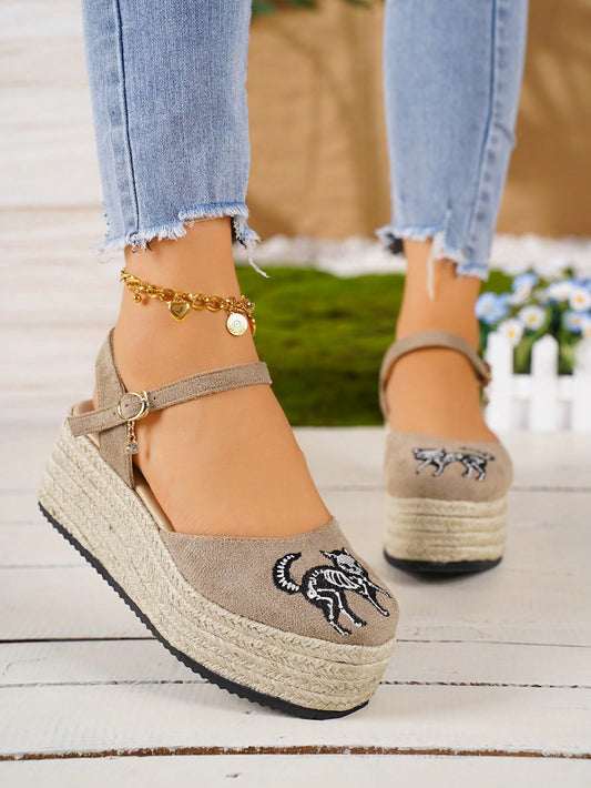 Women's Platform Wedge Sandals, Brown Woven Uppers With Halloween Lightning Cat Animal Embroidery, Jute Rope Soles, Closed-Toe, Buckle Strap, Comfortable & High-Platform, Casual Outdoor Waterproof Plus Size Shoes