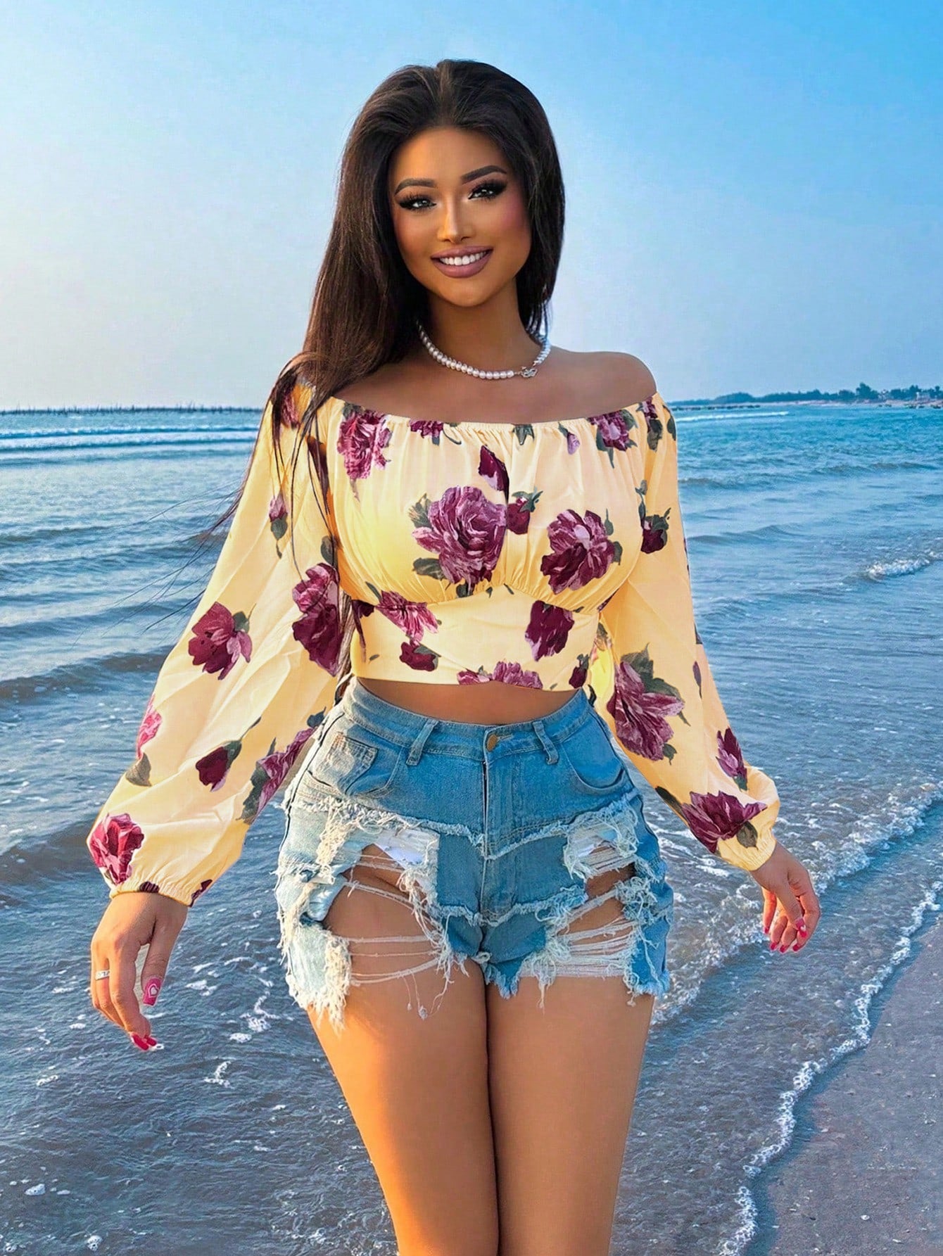 Women's Summer Off-Shoulder Floral Print Resort Casual Shirt