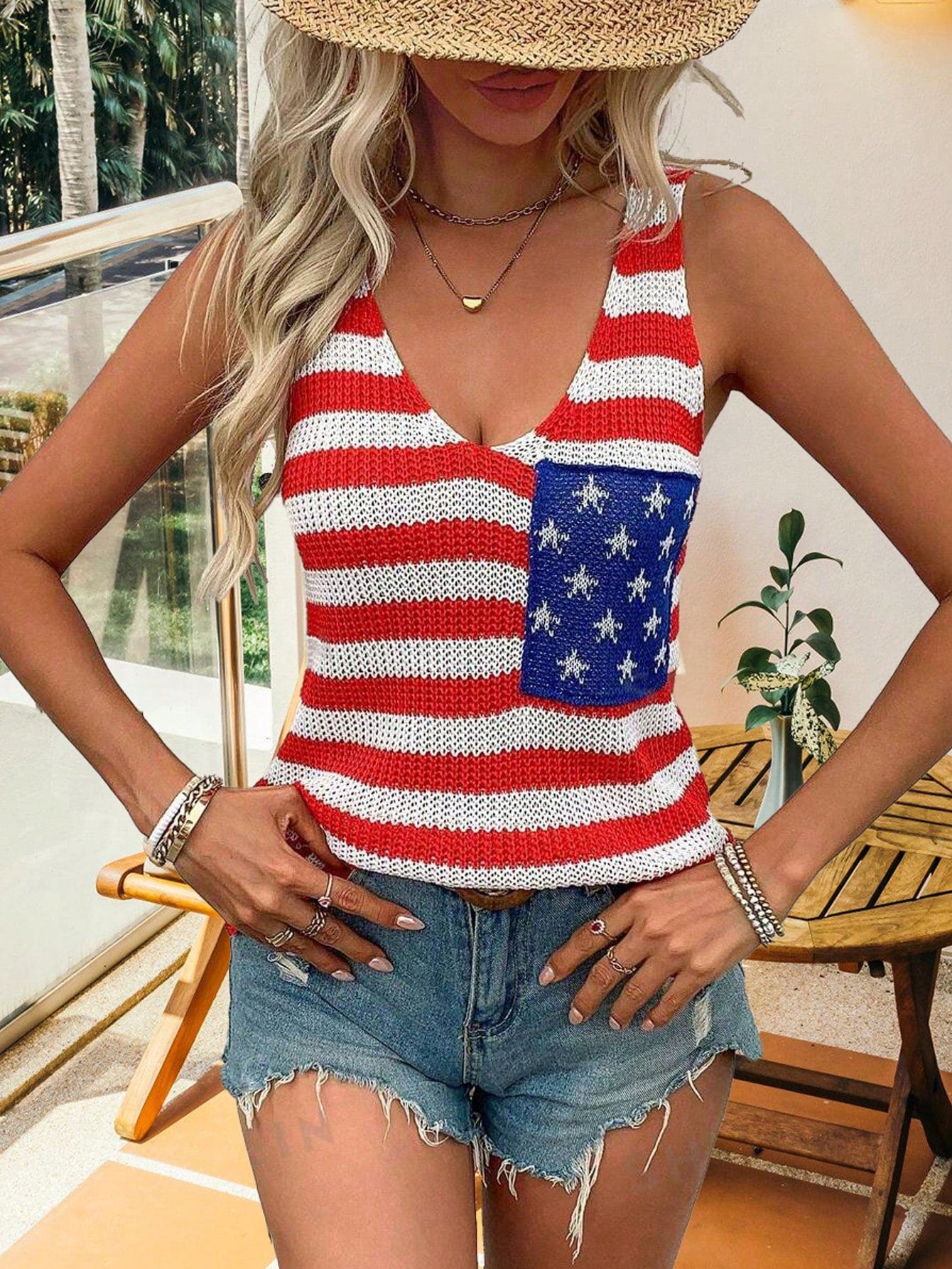 Plus Size Crew Neck Sleeveless Striped National Flag Print Casual Knit Vest