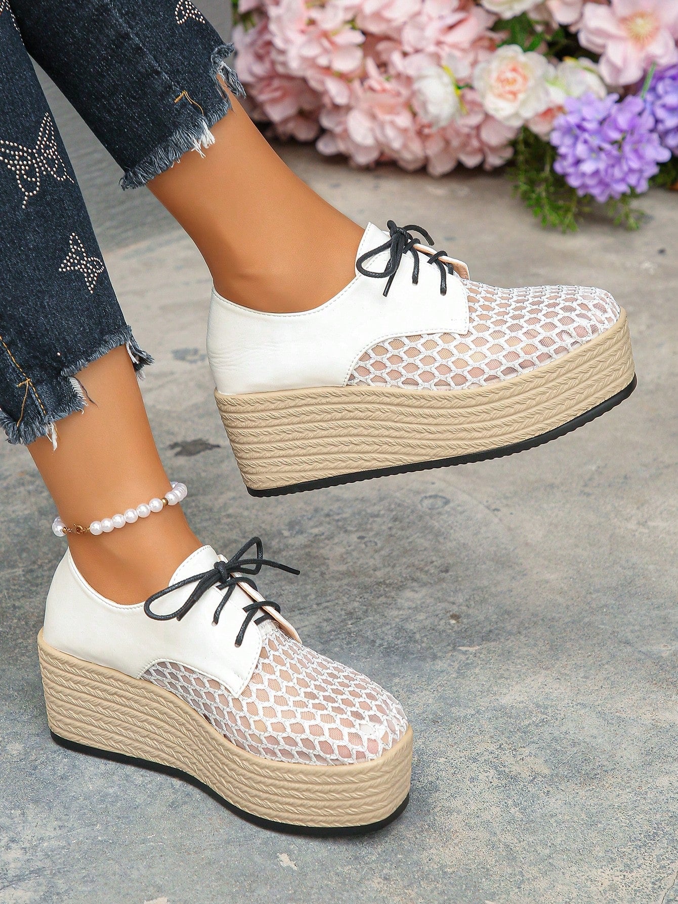 Cross-Border Foreign Trade Large Size 3-43 Spring, Summer And Autumn New Casual Color Stitching Lace-Up Thick-Soled Wedge Heel Shoes For Outdoor Wear Waterproof Platform Breathable Mesh Surface Ladies Wedge Heel & Thick-Soled Shoes