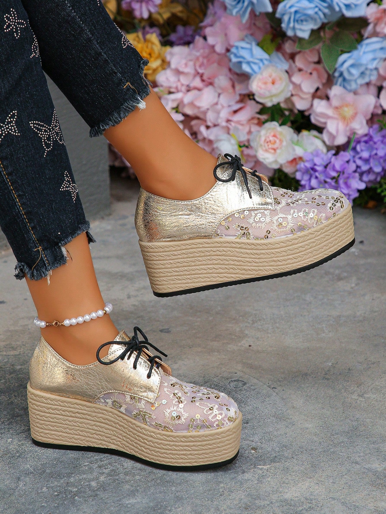 Cross-Border Foreign Trade Large Size 3-43 Spring, Summer And Autumn New Casual Color Stitching Lace-Up Thick-Soled Wedge Heel Shoes For Outdoor Wear Waterproof Platform Breathable Mesh Surface Ladies Wedge Heel & Thick-Soled Shoes