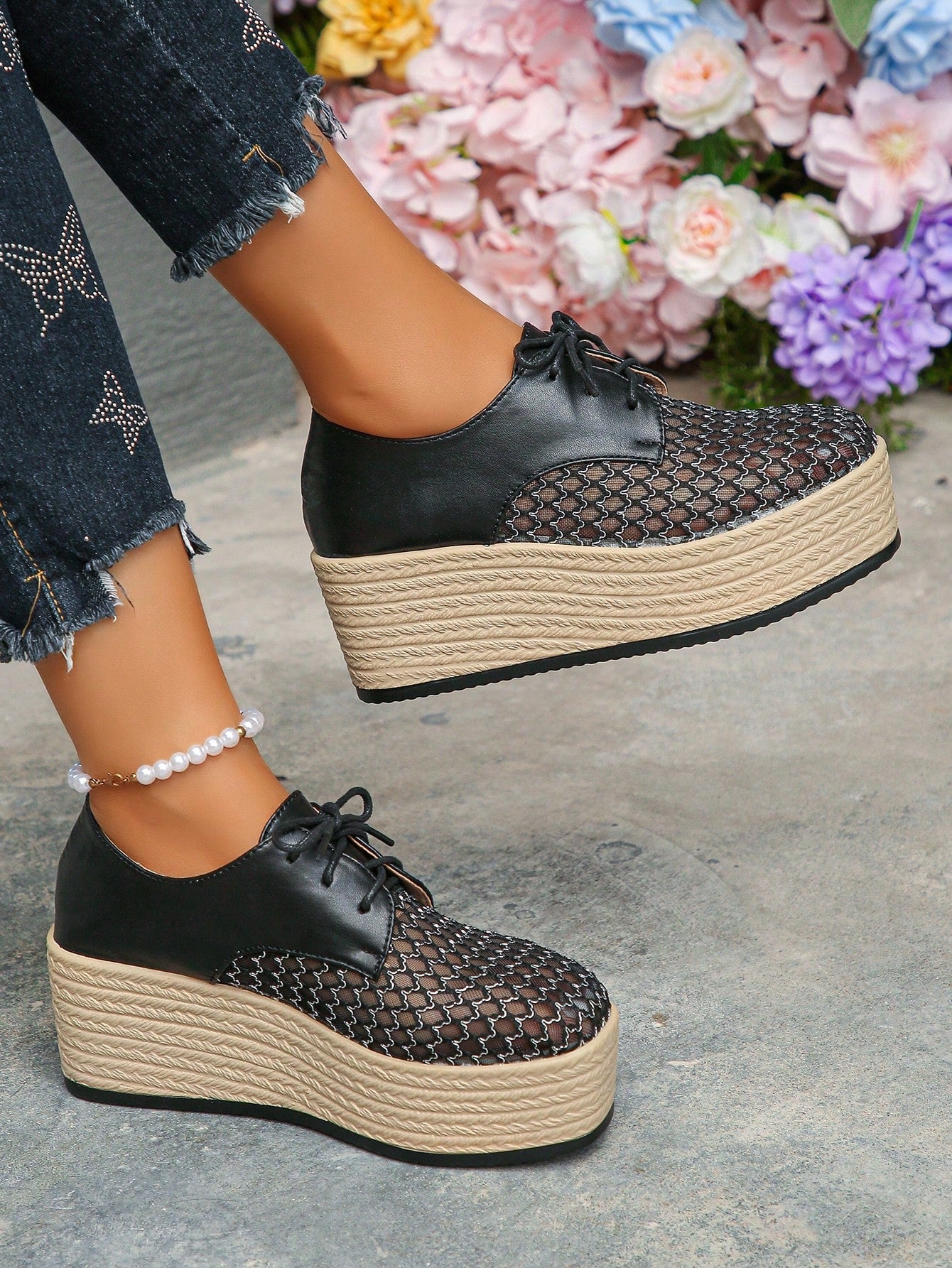 Cross-Border Foreign Trade Large Size 3-43 Spring, Summer And Autumn New Casual Color Stitching Lace-Up Thick-Soled Wedge Heel Shoes For Outdoor Wear Waterproof Platform Breathable Mesh Surface Ladies Wedge Heel & Thick-Soled Shoes