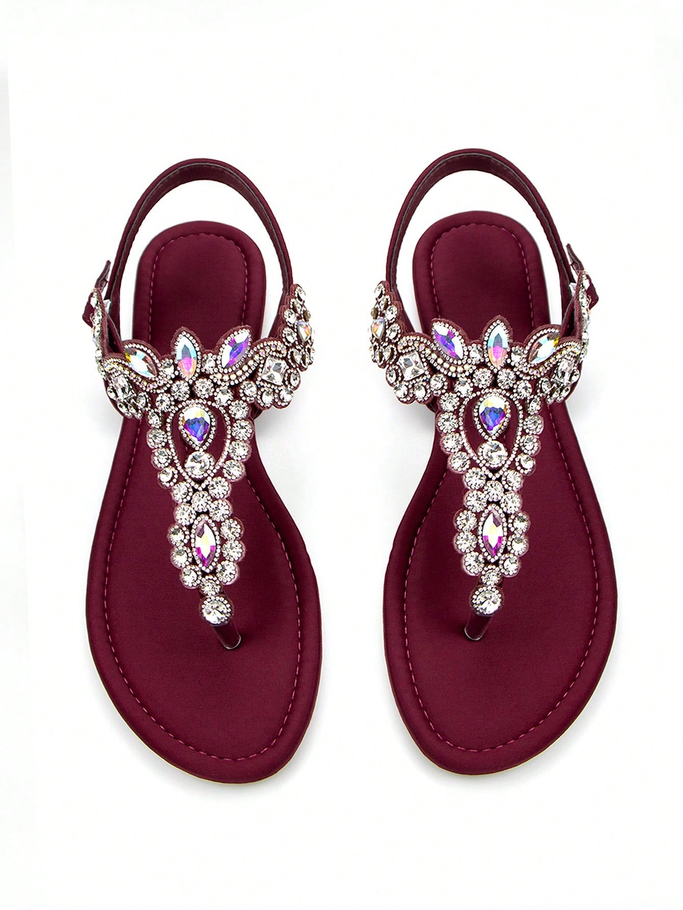 Women Rhinestone Decor Ankle Strap Thong Sandals, Glamorous Summer Flat Sandals