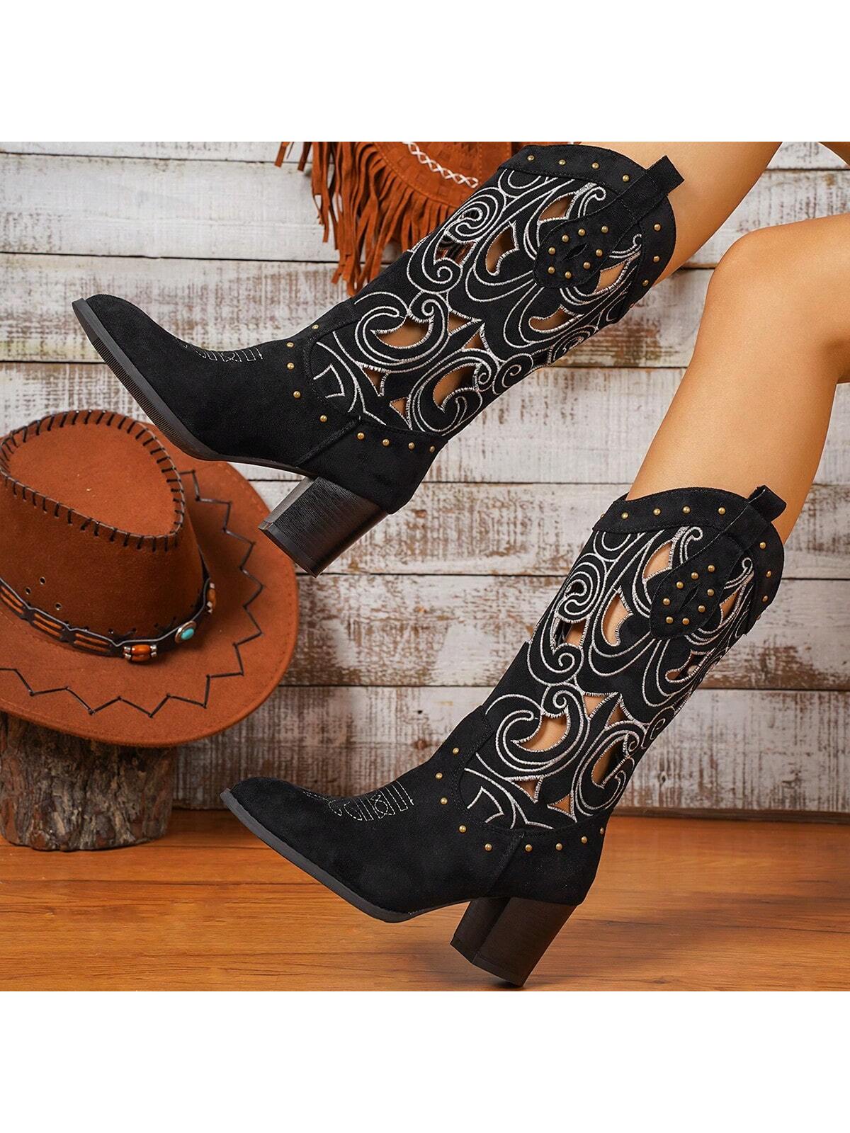 Women Fashionable And Versatile Sexy Hollow Western Cowboy Style High-Heeled Boots Mid-Calf Boots