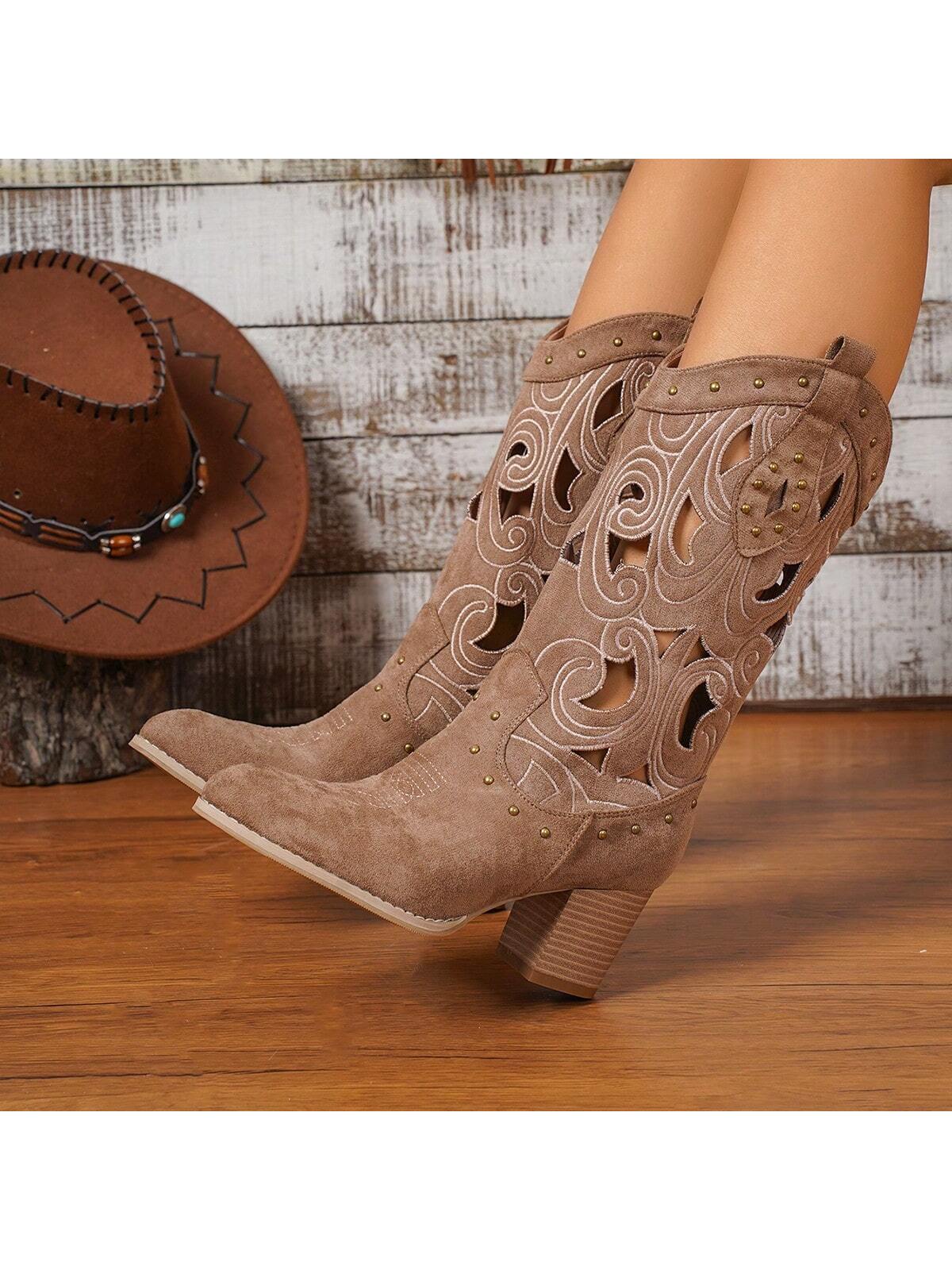 Women Fashionable And Versatile Sexy Hollow Western Cowboy Style High-Heeled Boots Mid-Calf Boots