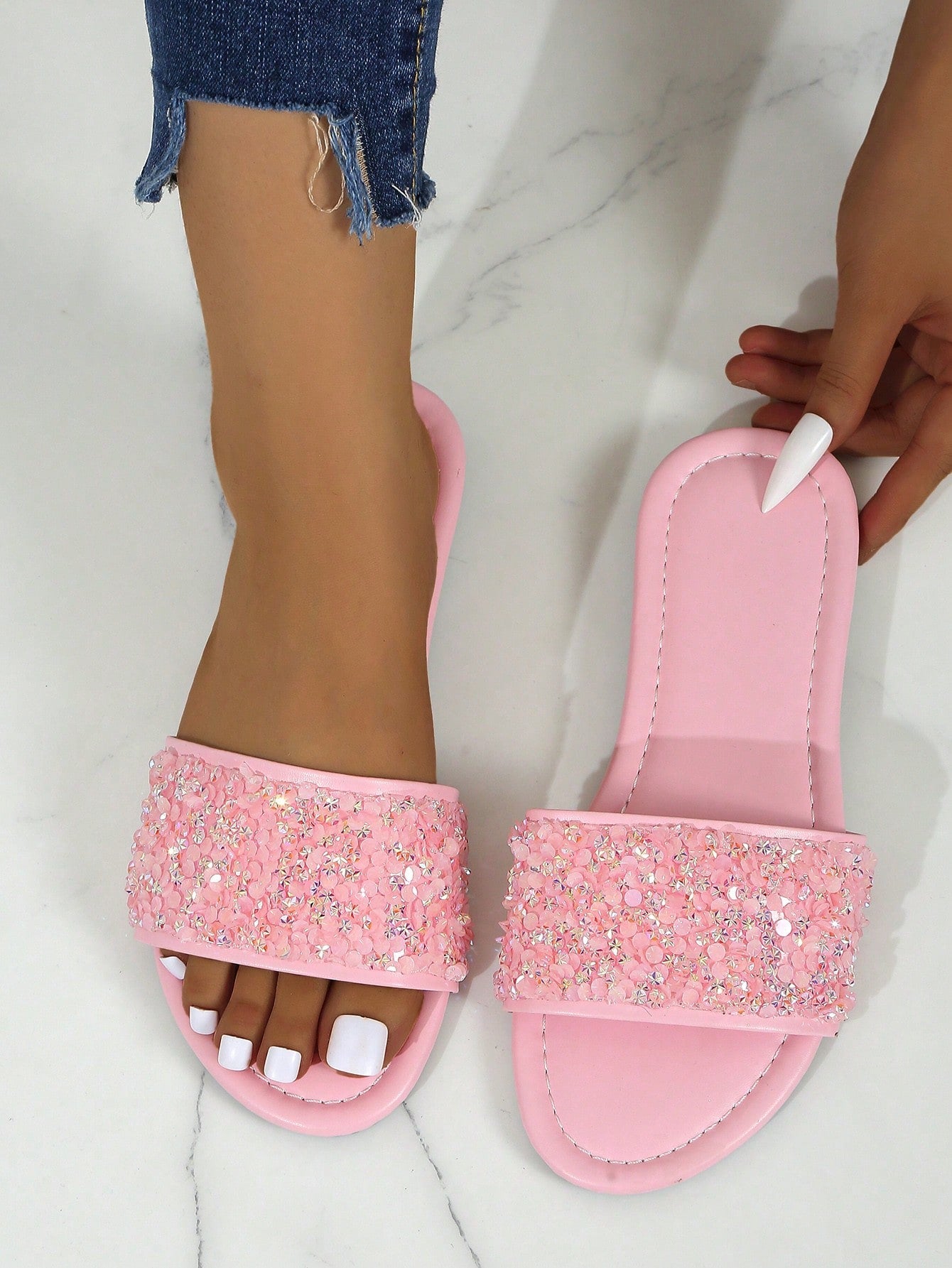 Summer Boho Rhinestone One-Strap Slip-On Sandals, Pink Sequin Bling Beach Flip Flops With Extra Wide Fit