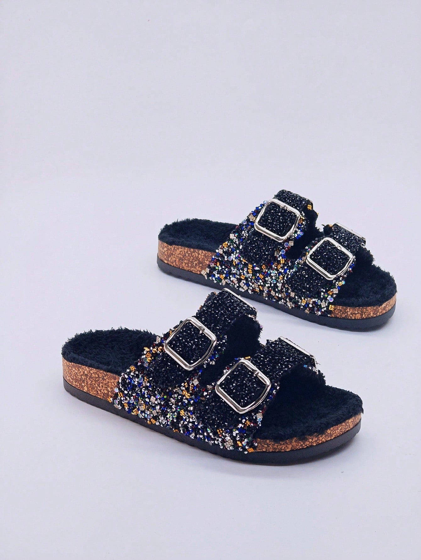 Black Sequin Decorated Fuzzy Slides Flat Sandals For Women, Beach Vacation Slippers