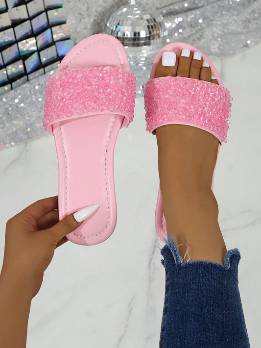 2024 New High-End Rhinestone Decorated Slides Women Summer Casual Wide-Fit Non-Slip Sandals