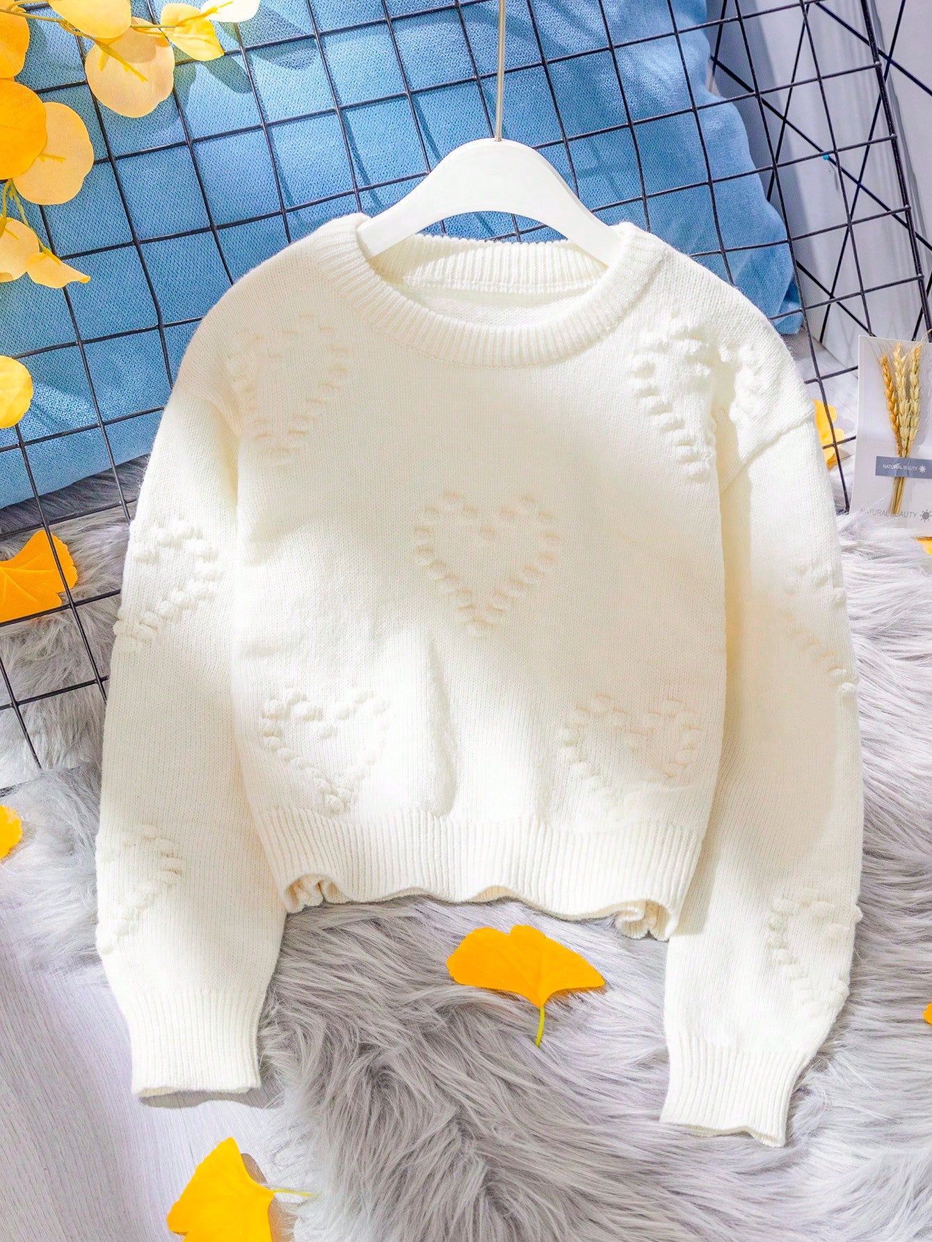 Tween Girl White Stylish Casual Cozy Soft Simple Warm Multi-Wear  Polka Dot Heart Knitted Sweater, Suitable For Daily Wear, School, Outdoor, Party, Autumn & Winter