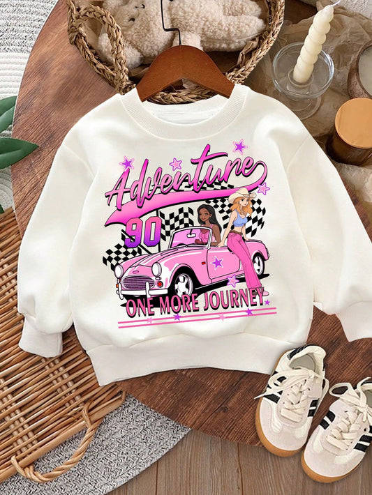 Young Girls Casual Trendy "ADVENTURE 90" Print White Cozy Knit Crew Neck Long Sleeve Pullover Sweatshirt For Fall/Winter