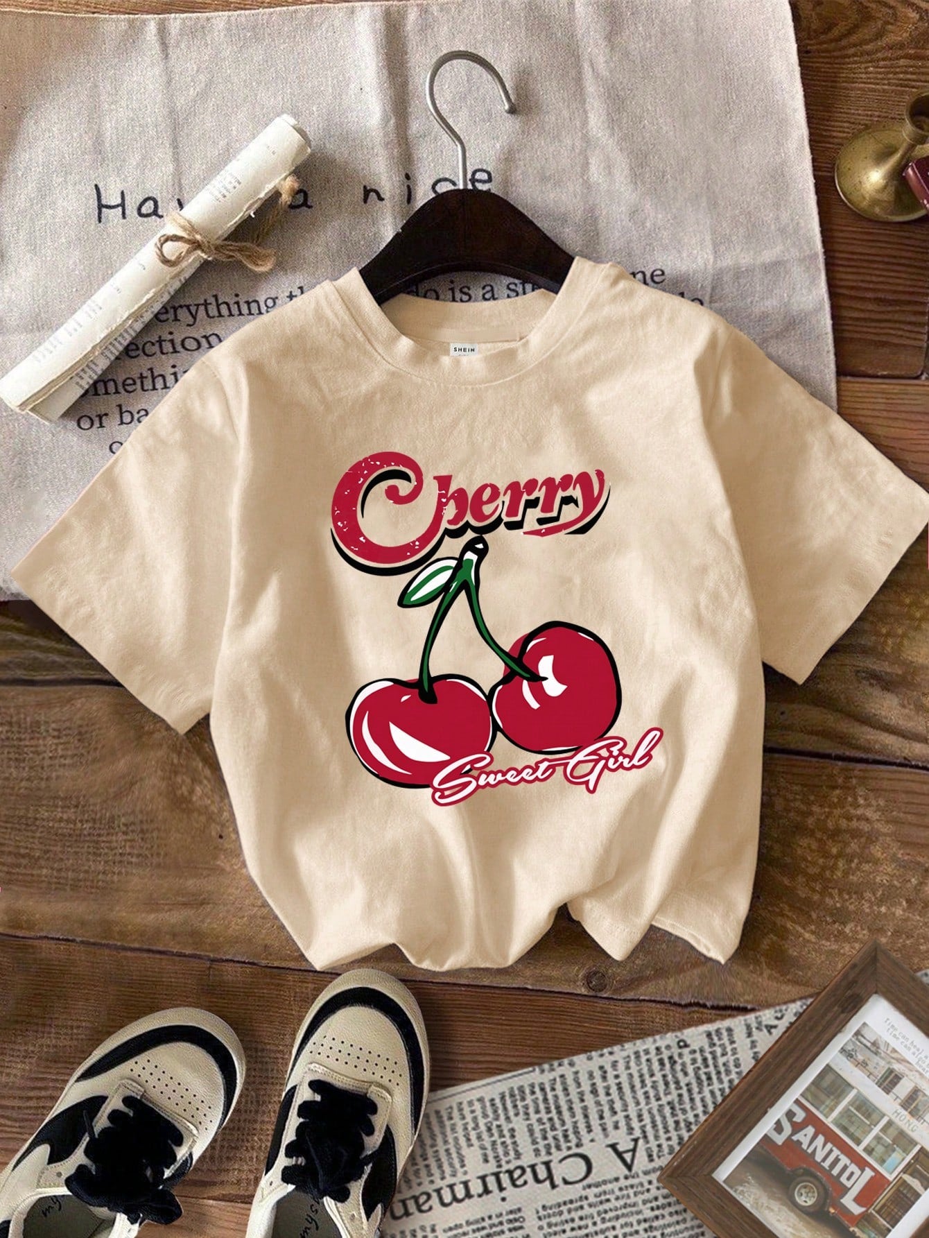 Tween Girl Casual Simple Cherry Print Short Sleeve T-Shirt Suitable For Summer