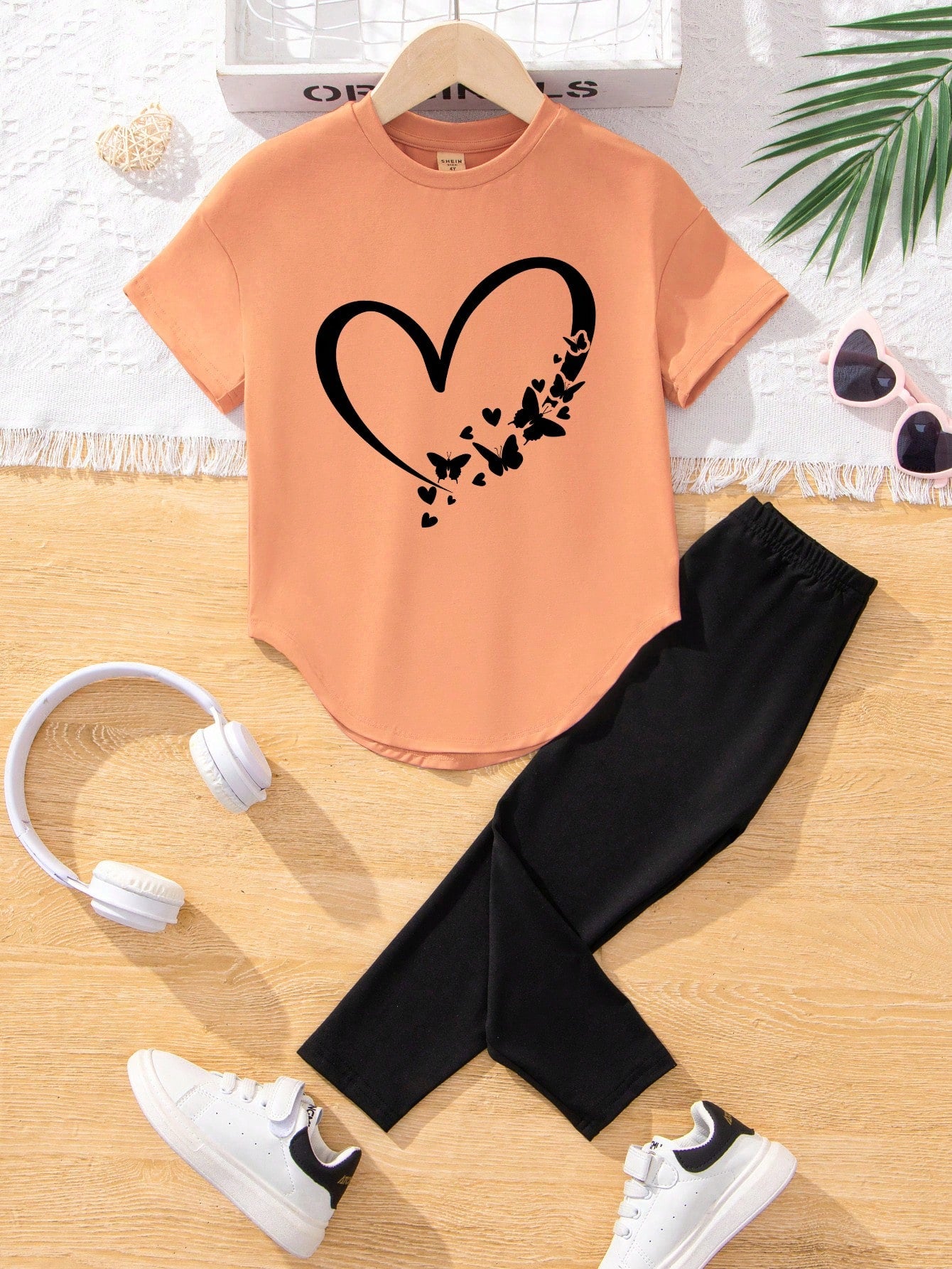 Young Girl 2pcs/Set Casual Heart Pattern Pink Short Sleeve T-Shirt And Long Pants, Summer