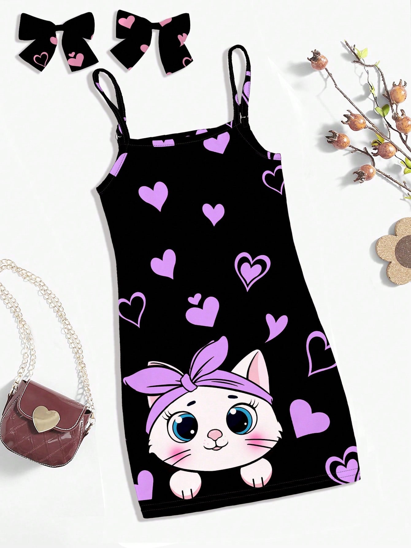 Young Girl Pink Cat Heart Printed Cartoon Dress, Casual Cami Dress Suitable For Summer