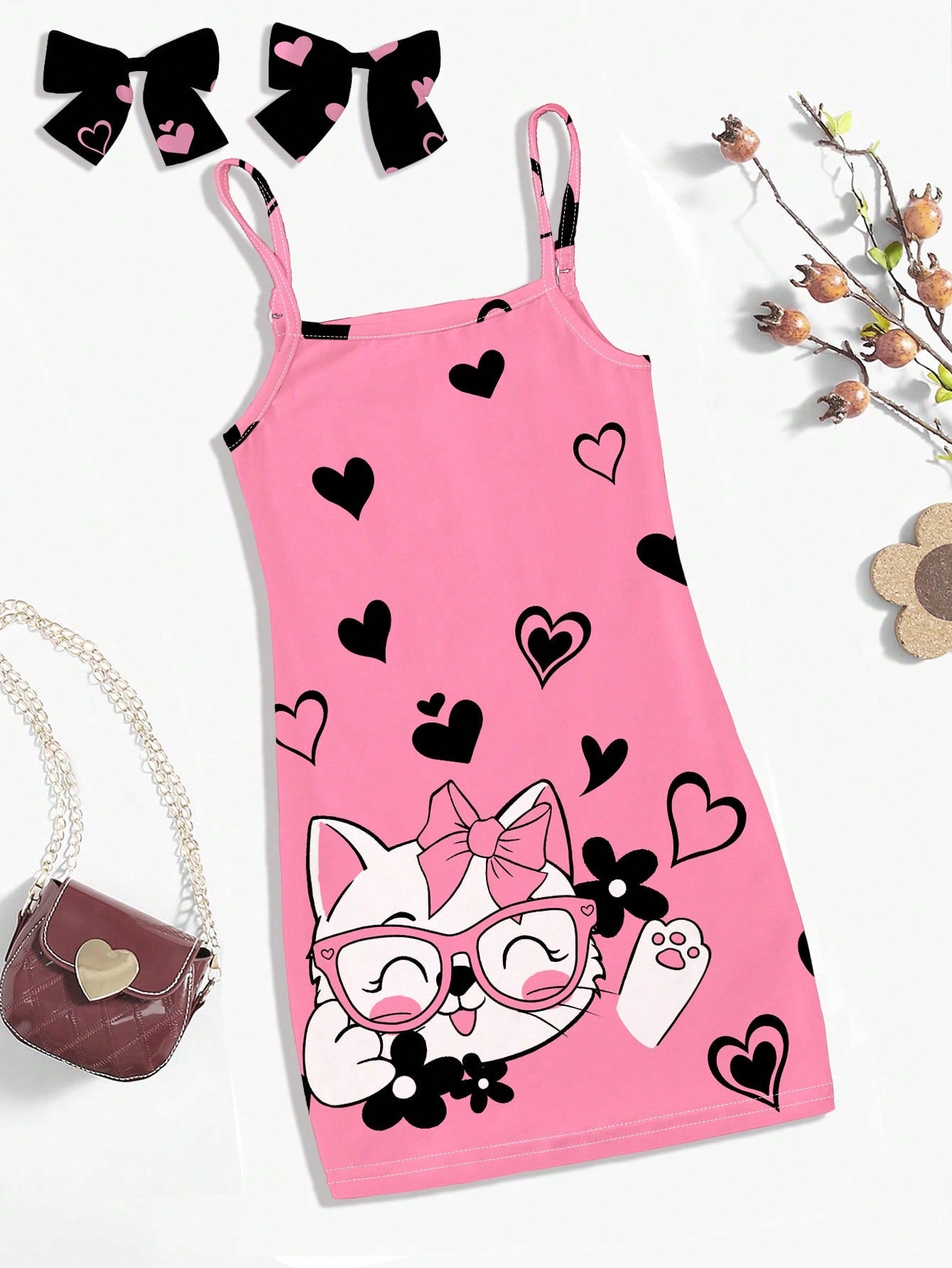 Young Girl Pink Cat Heart Printed Cartoon Dress, Casual Cami Dress Suitable For Summer