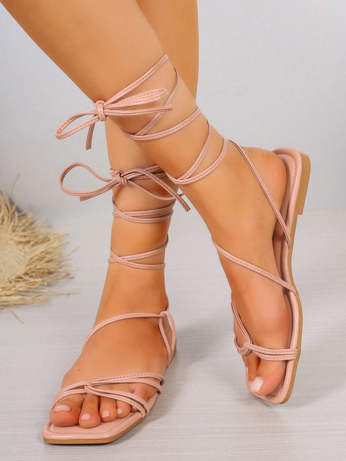 Women's Cross Lace-up Flat Sandals With Gold Straps, Square Toe, Casual & Stylish For Summer