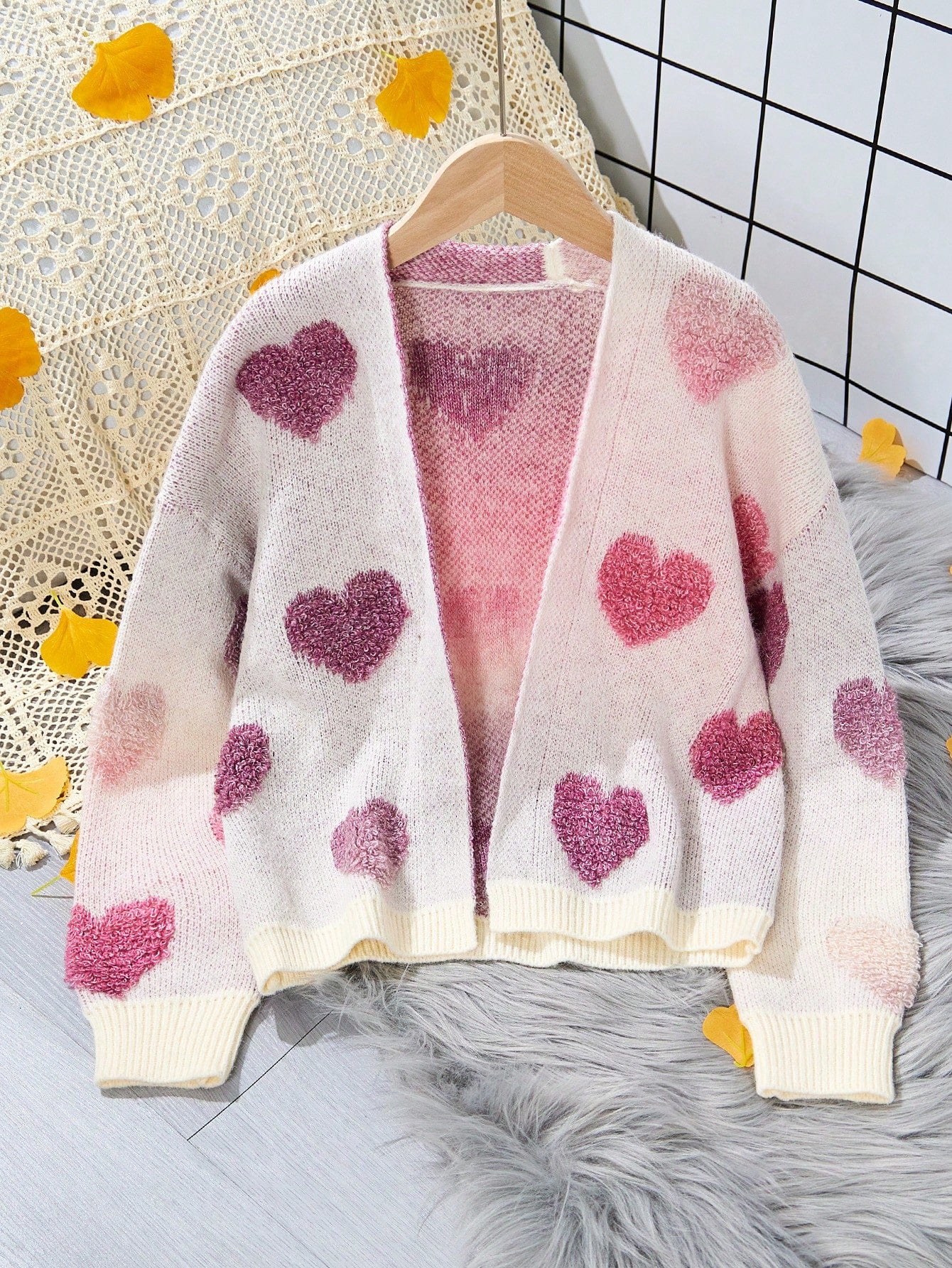 Tween Girls' Ombre Fuzzy Heart  Casual Cardigan For Valentine's Day