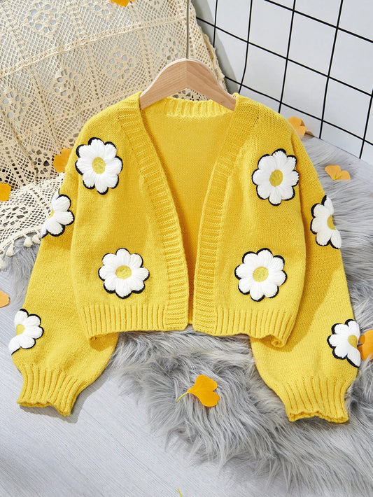 Girls' Fashionable Casual Yellow Handmade Floral Cropped Cardigan, Soft And Warm, Suitable For Daily Wear, Party, And Autumn/Winter Season