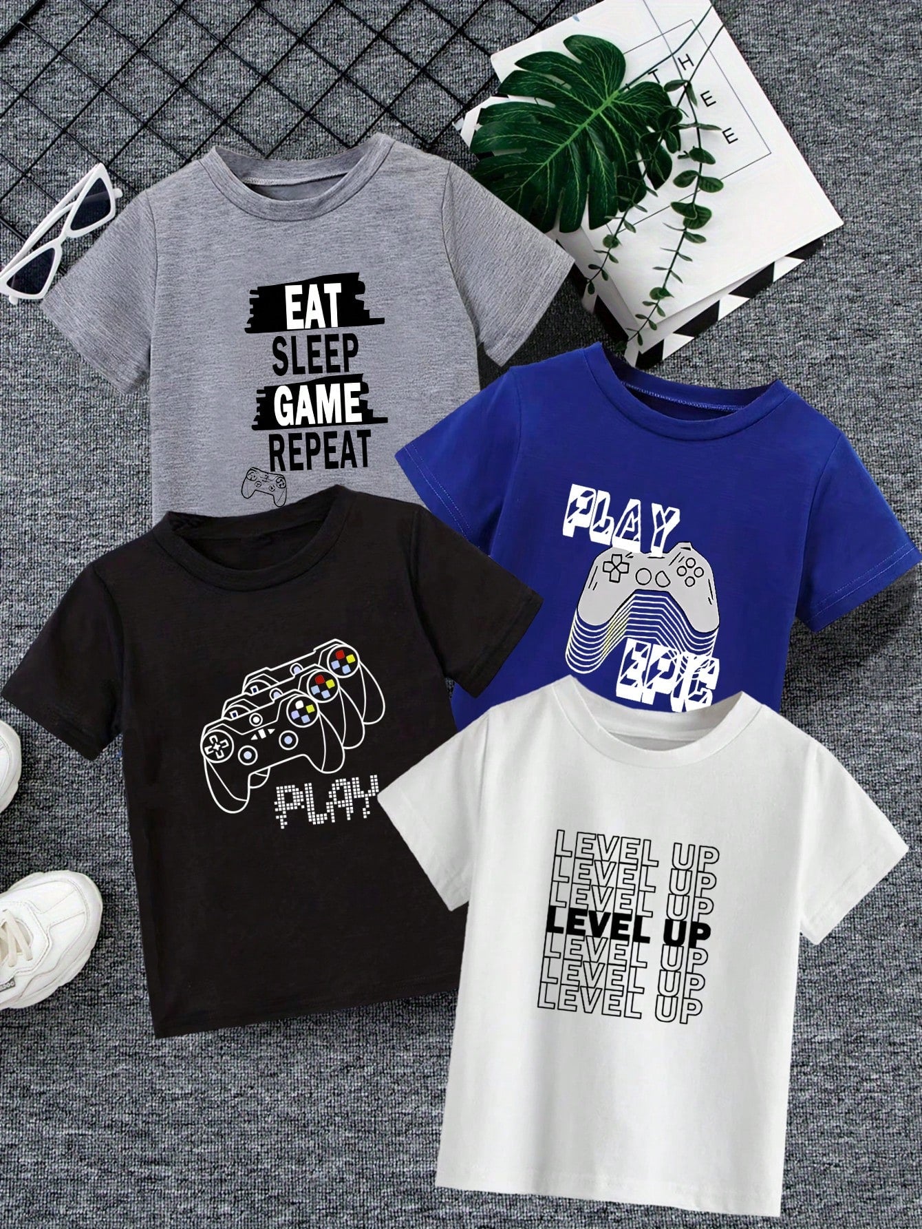 4pcs/Set Boys' Game Controller & Slogan Printed Round Neck Short Sleeve Outfit, Spring/Summer/Autumn