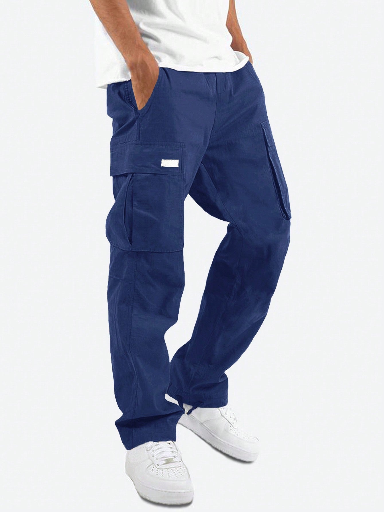 Men Patched Detail Flap Pocket Drawstring Waist Cargo Pants