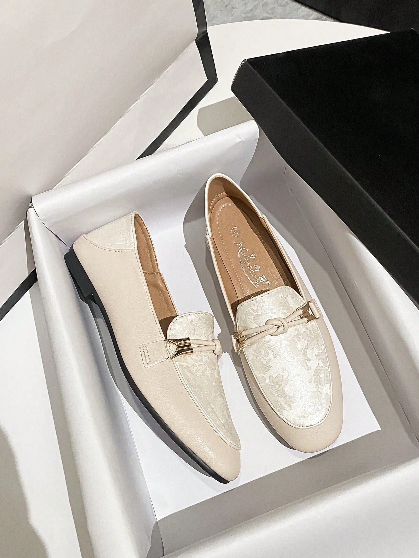 Women Knot Decor Square Toe Loafer Flats, Elegant Beige Color Block Flat Shoes