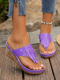 Women's Elegant Thong Sandals With Wedge Heel And Tassel Ornament, Comfortable Casual High Platform Wedge Sandals For Daily Wear, Purple