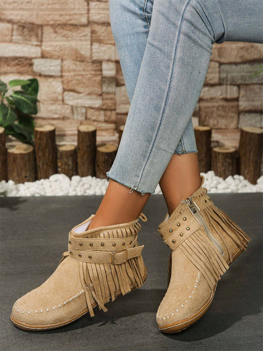 Women's  Tassel Decor Soft Sole Light Short Boots, Fashion Metal Rivet Matching Outdoor Motorcycle Boots, Plus Size Women's Fringe Boots