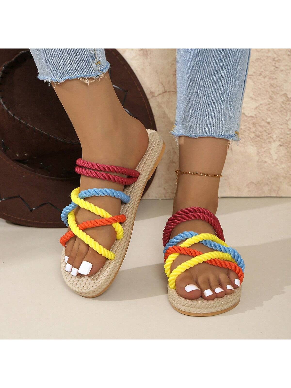 Sandals Women's New Summer Color Rope Beach Sandals Daily All-Match Casual Flat Slippers