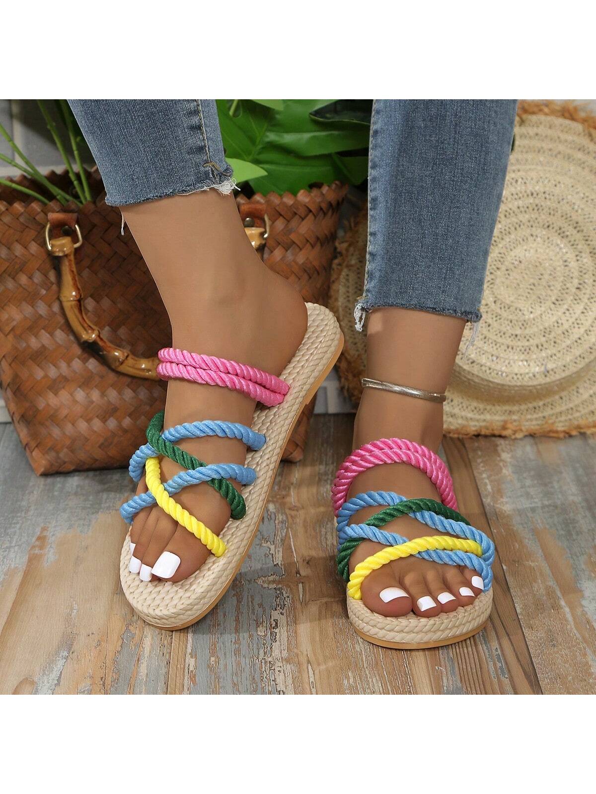 Sandals Women's New Summer Color Rope Beach Sandals Daily All-Match Casual Flat Slippers