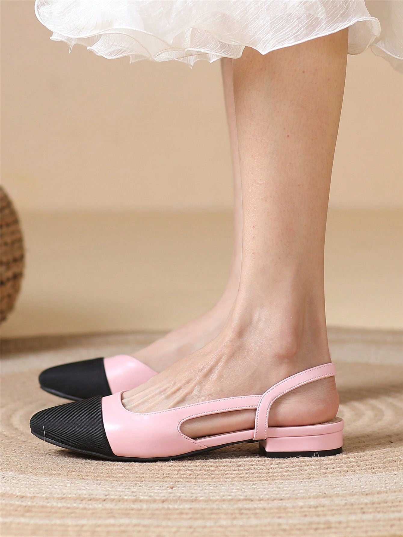 Women's Contrast Square Toe Flat Slingbacks, 2024 New Arrival, Classic Vintage Design, Low Block Heel, French Style