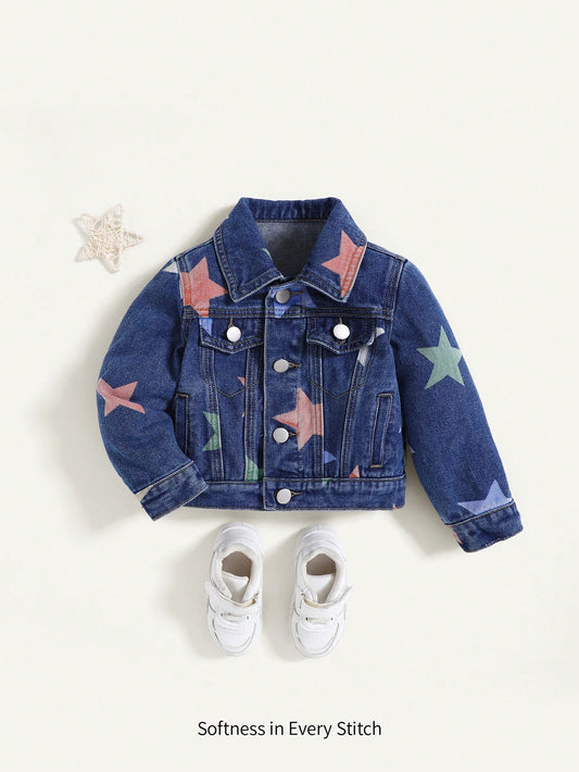 Streecool Kids Vintage Casual Streetwear Distressed Denim Boxy Star Print Jacket For Young Girls