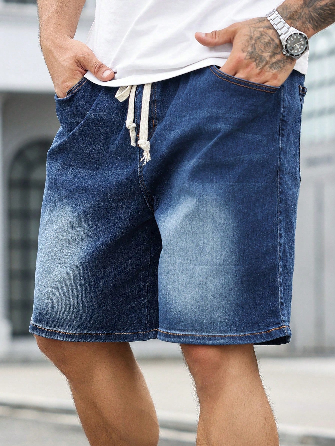 Plus Size Men's Drawstring Pocket Casual Loose Fit Versatile Denim Shorts