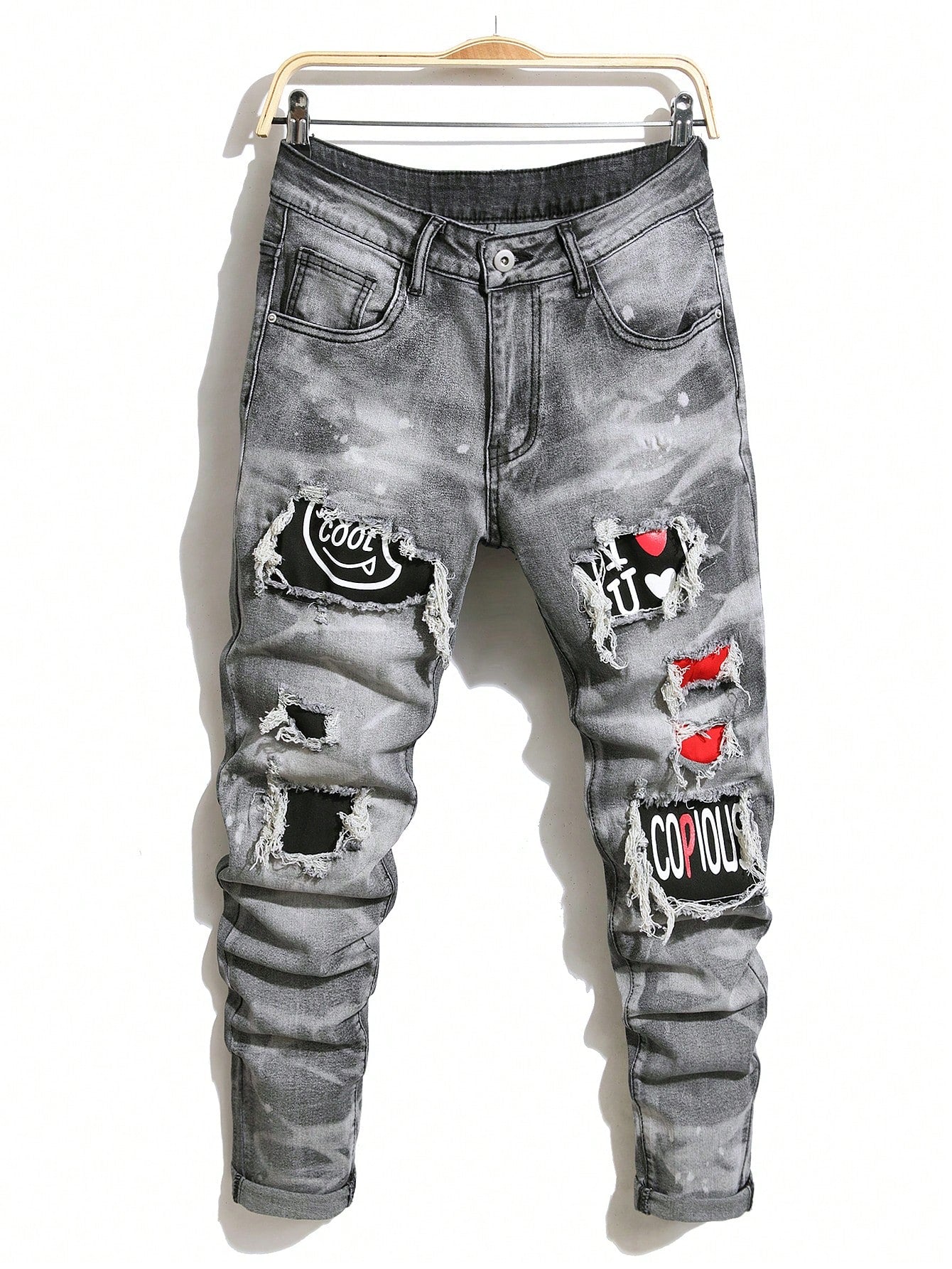 Men Cotton Letter Patched Ripped Jeans