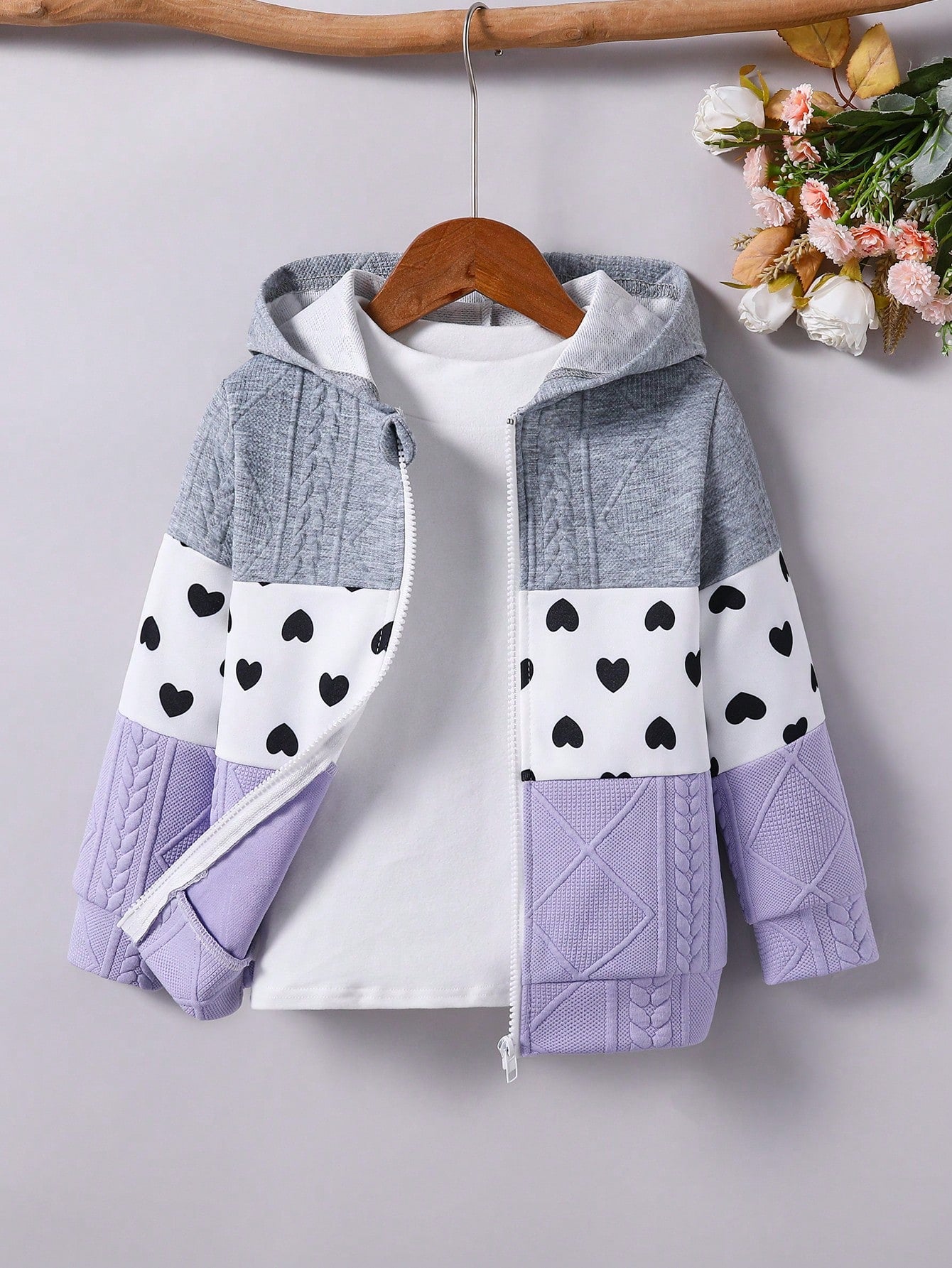 Young Girl Heart Print Colorblock Zip Up Hoodie Without Sweater