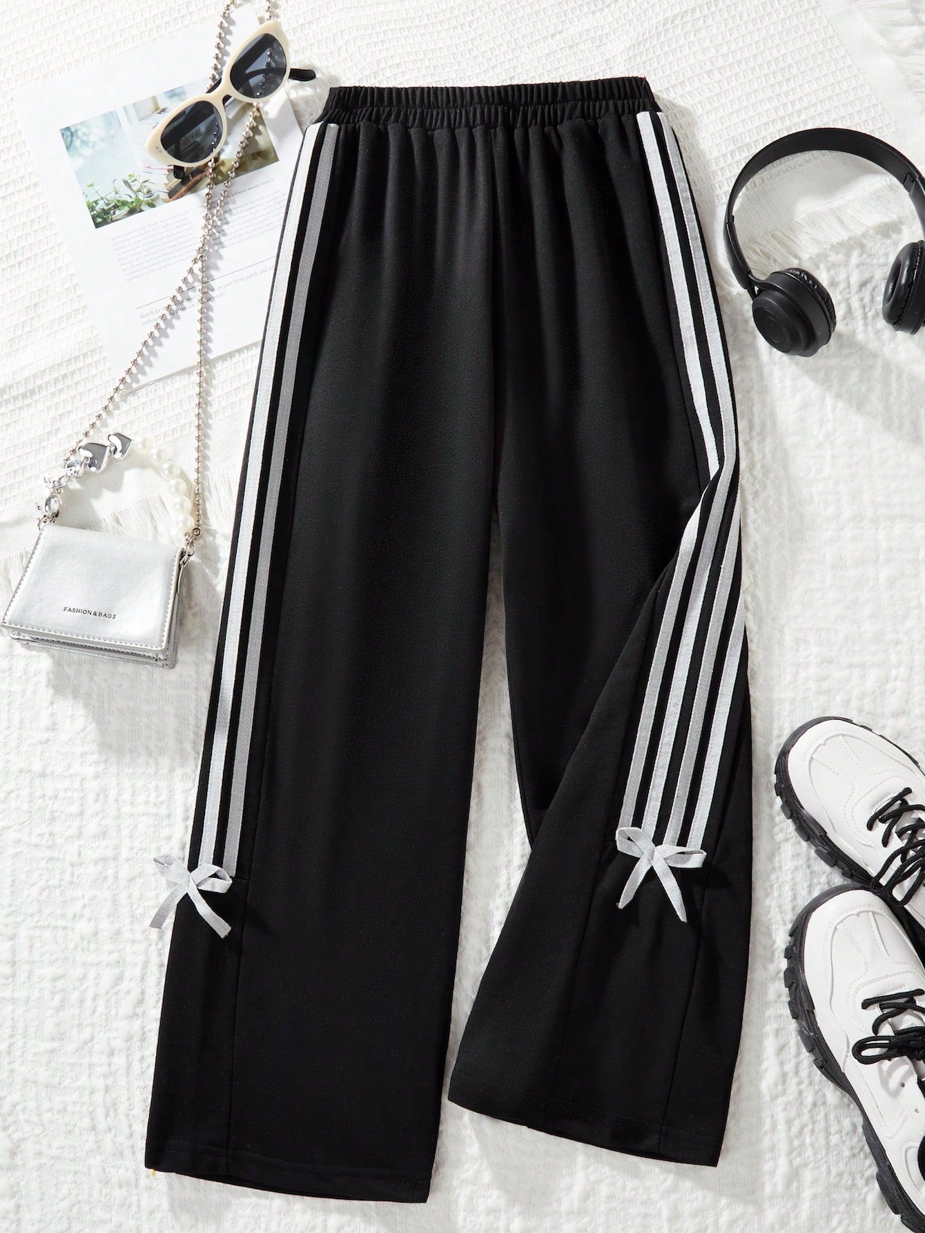 Kids Tween Girl Side-Stripe Patchwork Belted Casual Straight-Leg Pants With Bow Tie