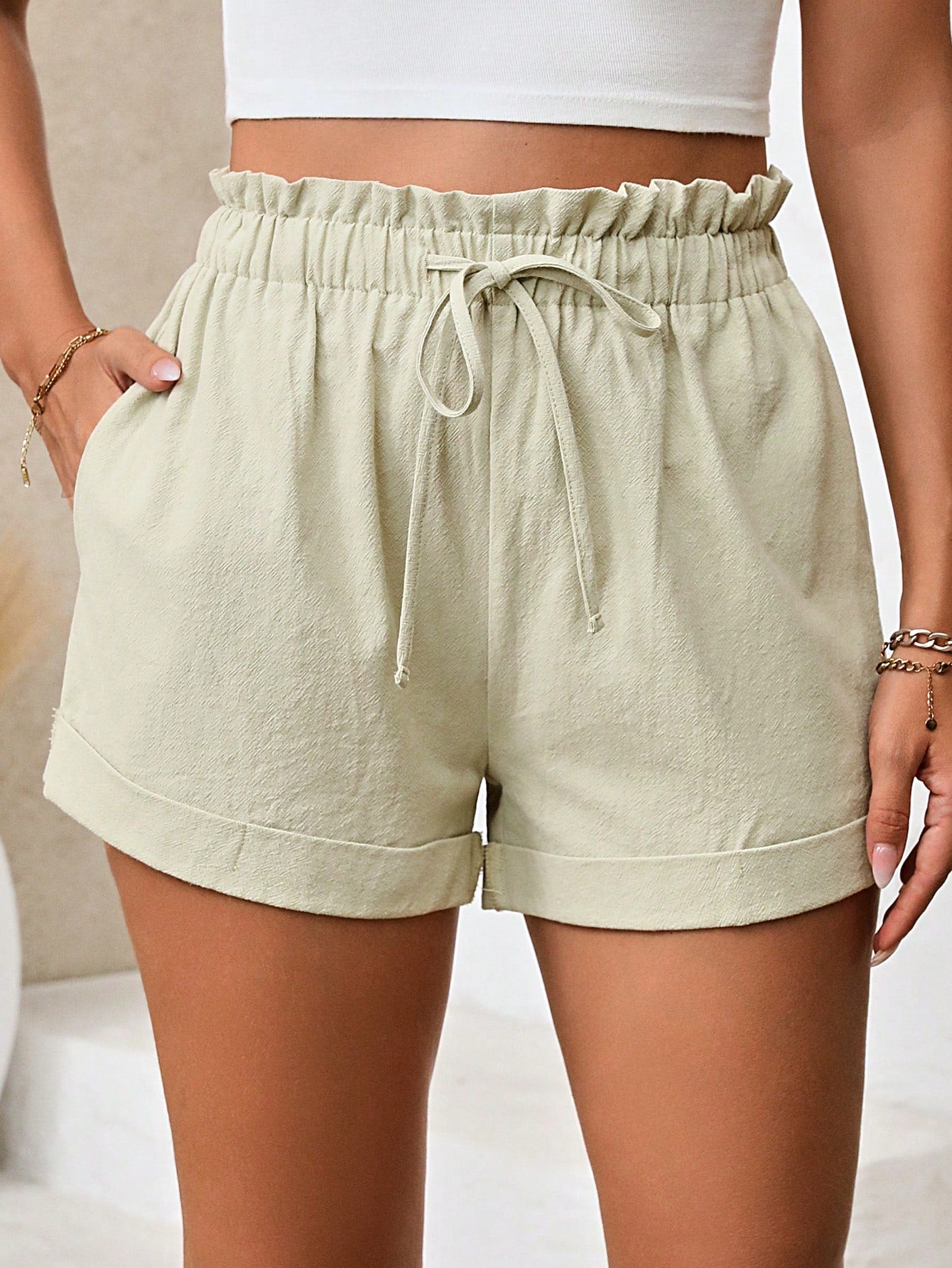 Paperbag Waist Knot Front Shorts For Summer