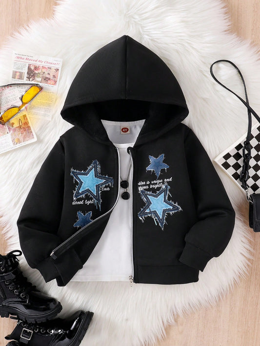 Young Girl Star Embroidered Hooded Zip-Up Casual Long Sleeve Jacket