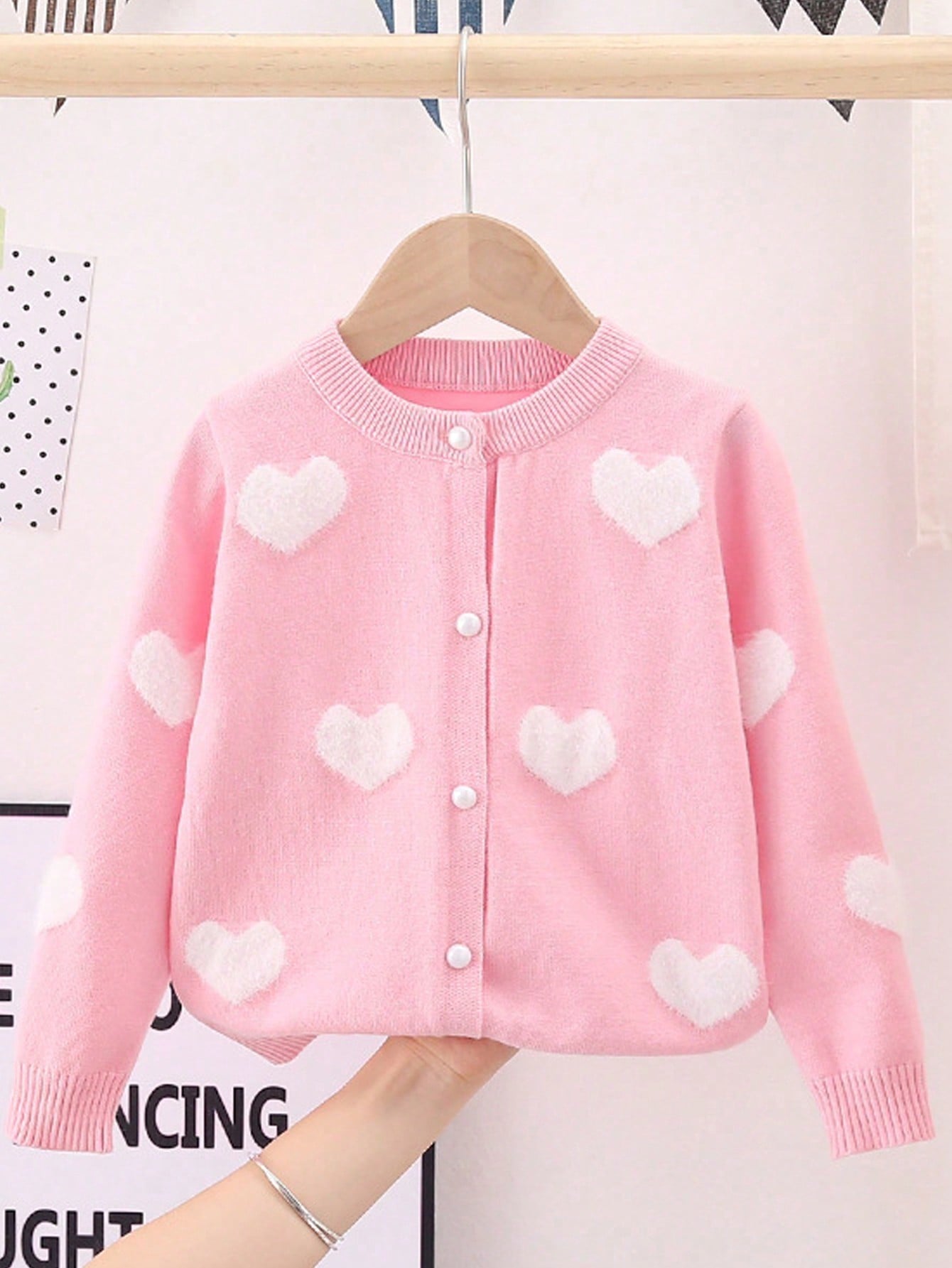 Young Girls' Knitted Cardigan For Spring 2024, Water Mink Love Shaped Jacquard Core Yarn Sweater Coat