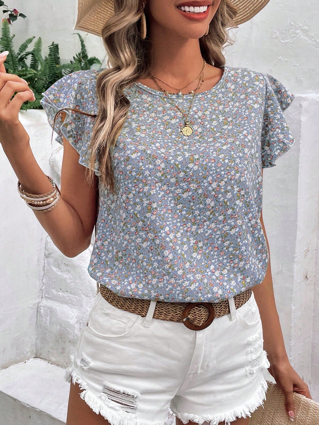 Ditsy Floral Print Butterfly Sleeve Blouse