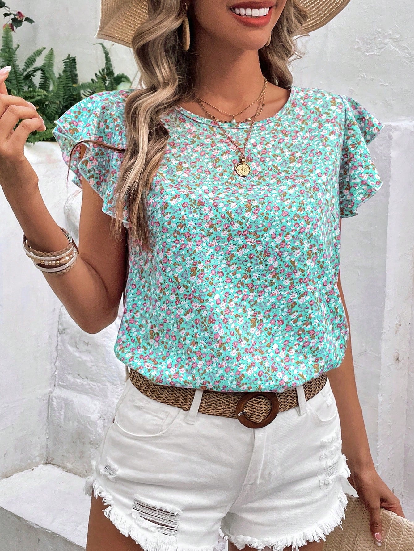 Ditsy Floral Print Butterfly Sleeve Blouse